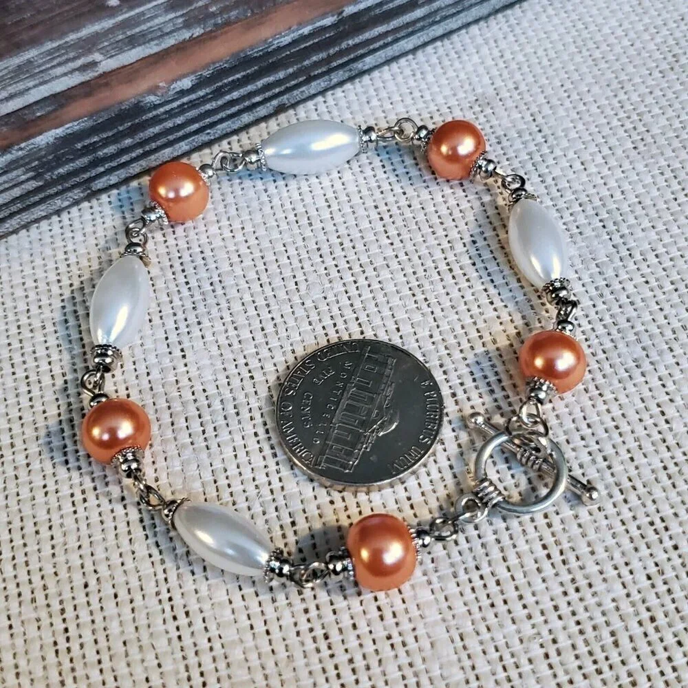 Glass Pearl Bracelet Silver White Orange Peach